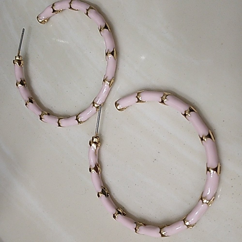 Pink and Gold Striped Hoop Earrings - Picture 2 of 3